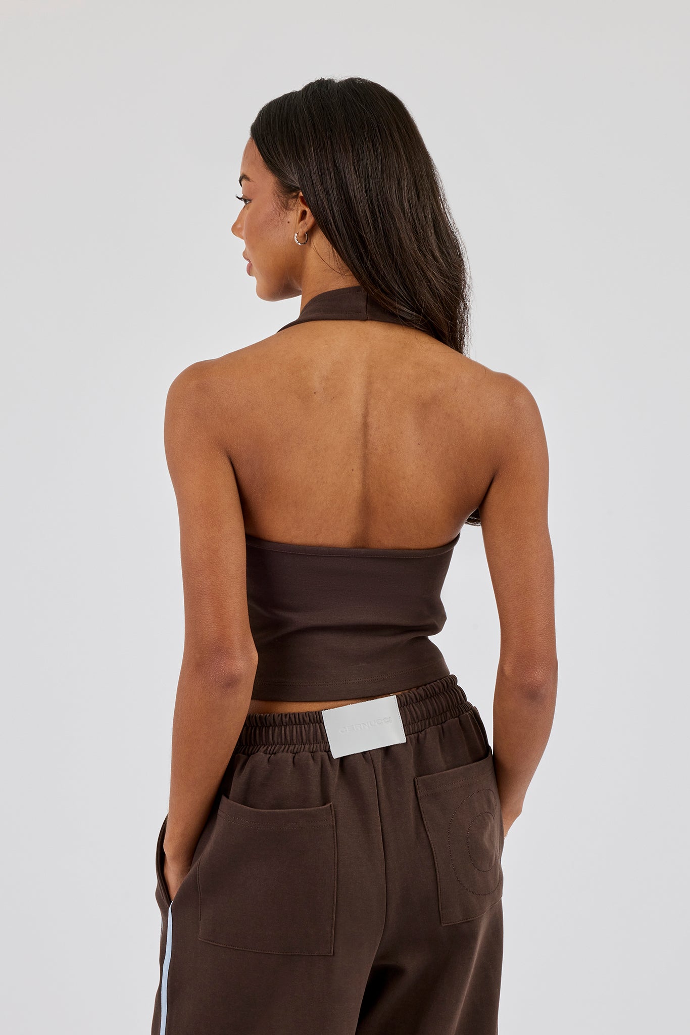 Washed Distressed Logo Halterneck Top - Dark Brown
