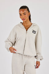 Oversized Embroidered Moto Zip Hoodie - Ash Grey