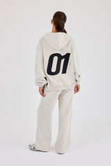 Oversized bestickter Moto-Kapuzenpullover mit Reißverschluss & Jogginghose mit weitem Bein – Aschgrau