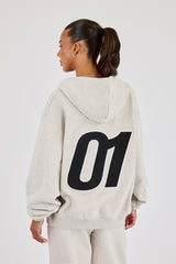 Oversized Embroidered Moto Zip Hoodie - Ash Grey