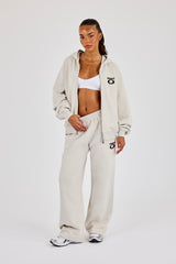 Oversized bestickter Moto-Kapuzenpullover mit Reißverschluss & Jogginghose mit weitem Bein – Aschgrau