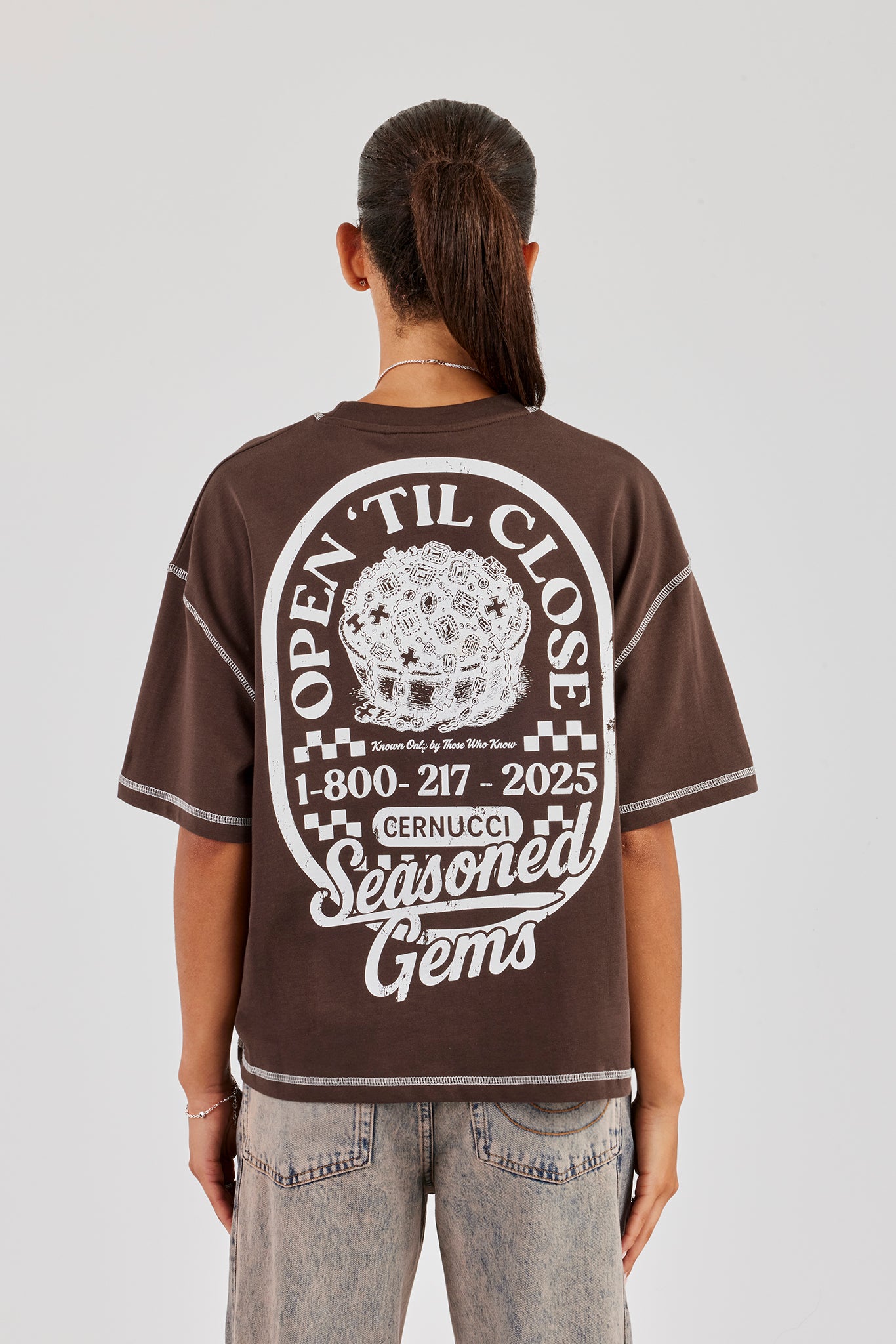 Seasoned Gems Contrast Stitch Oversized T-Shirt - Chocolate