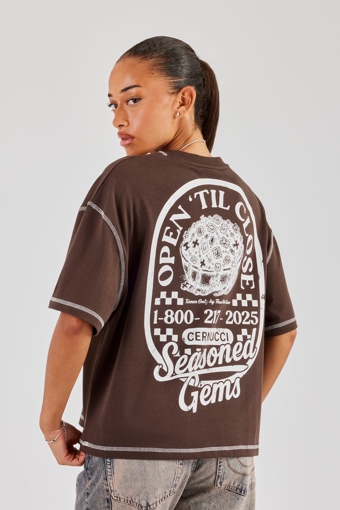 Seasoned Gems Contrast Stitch Oversized T-Shirt - Chocolate