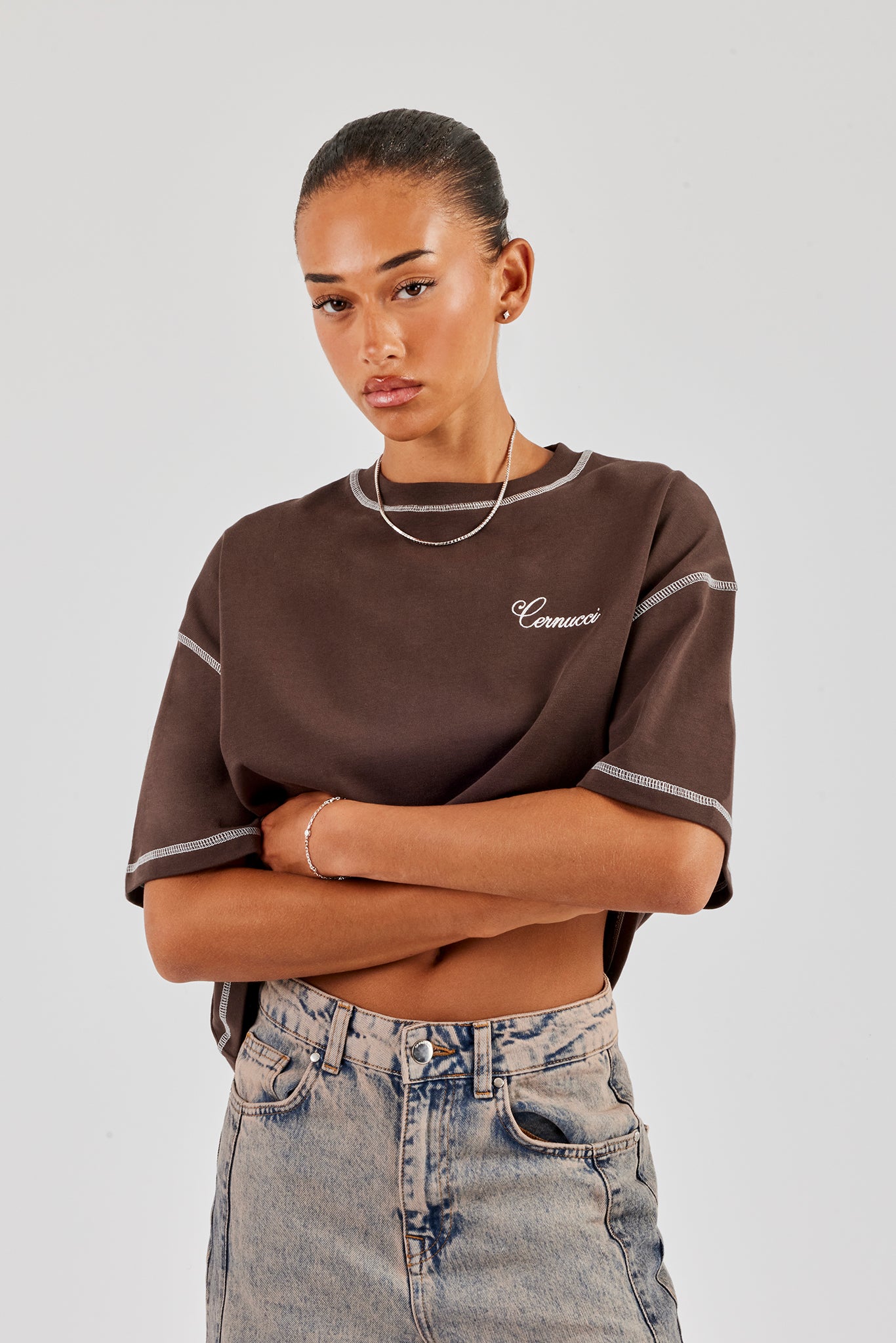 Seasoned Gems Contrast Stitch Oversized T-Shirt - Chocolate