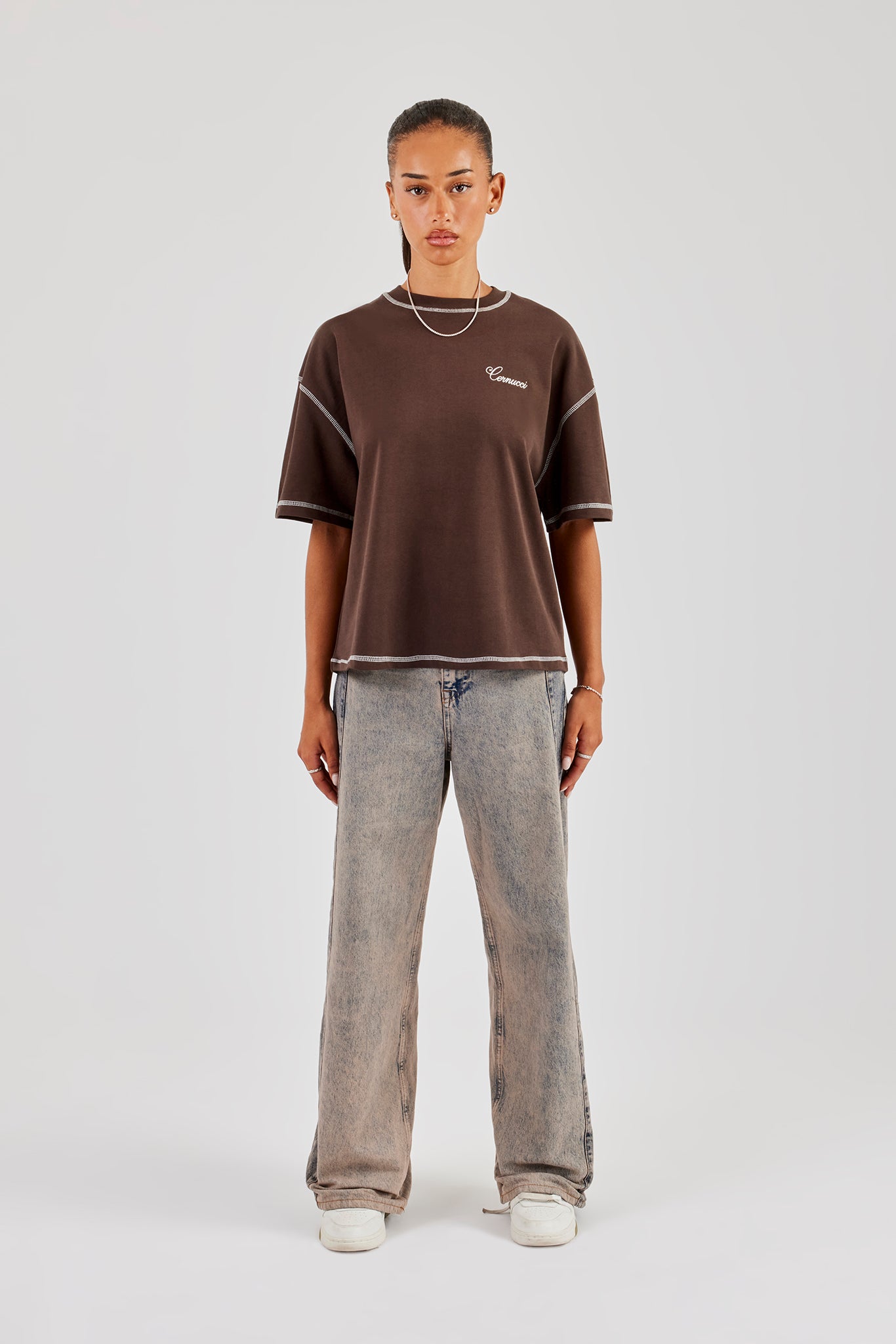 Seasoned Gems Contrast Stitch Oversized T-Shirt - Chocolate