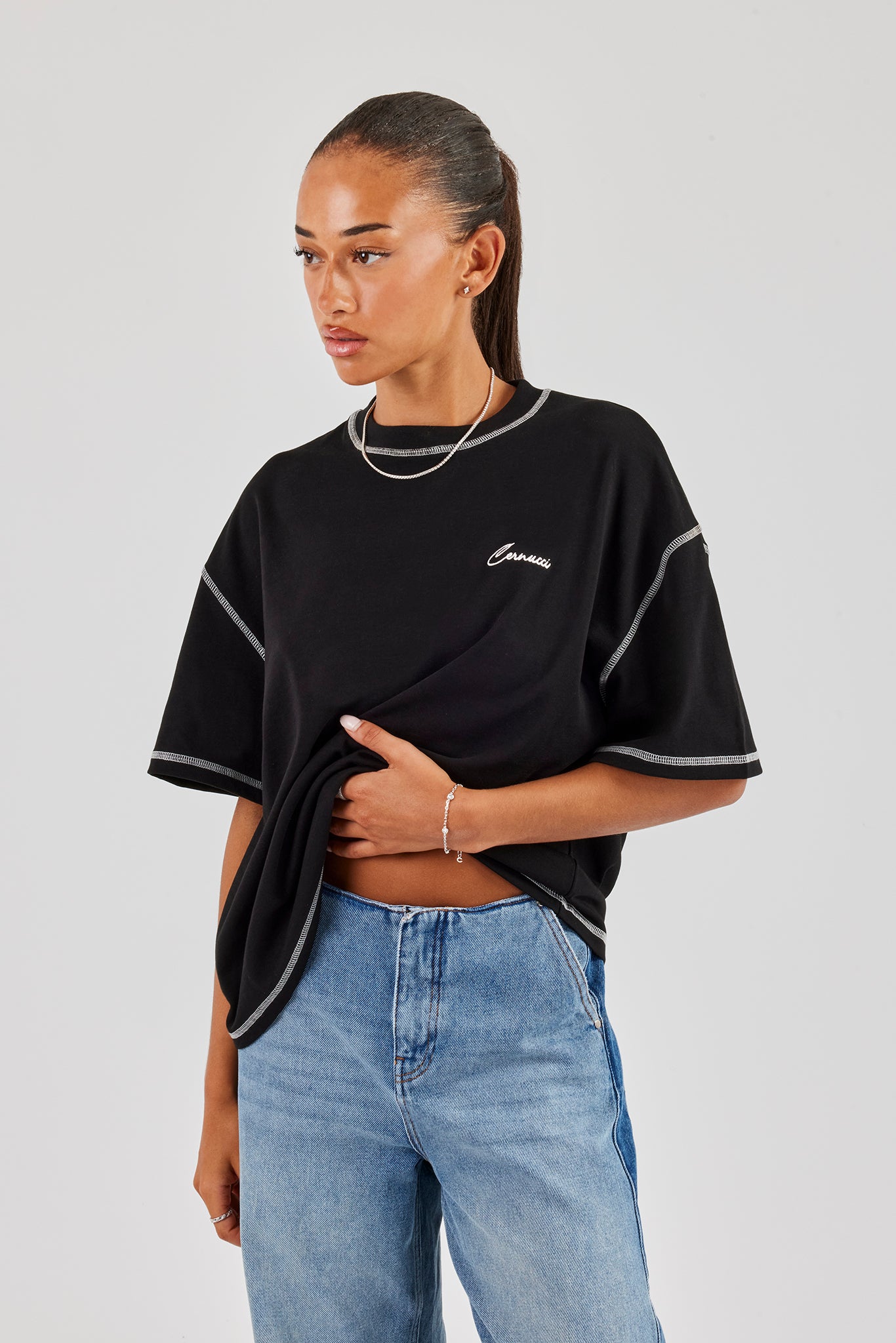 Cernucci Italia Contrast Stitch Oversized T-Shirt - Black
