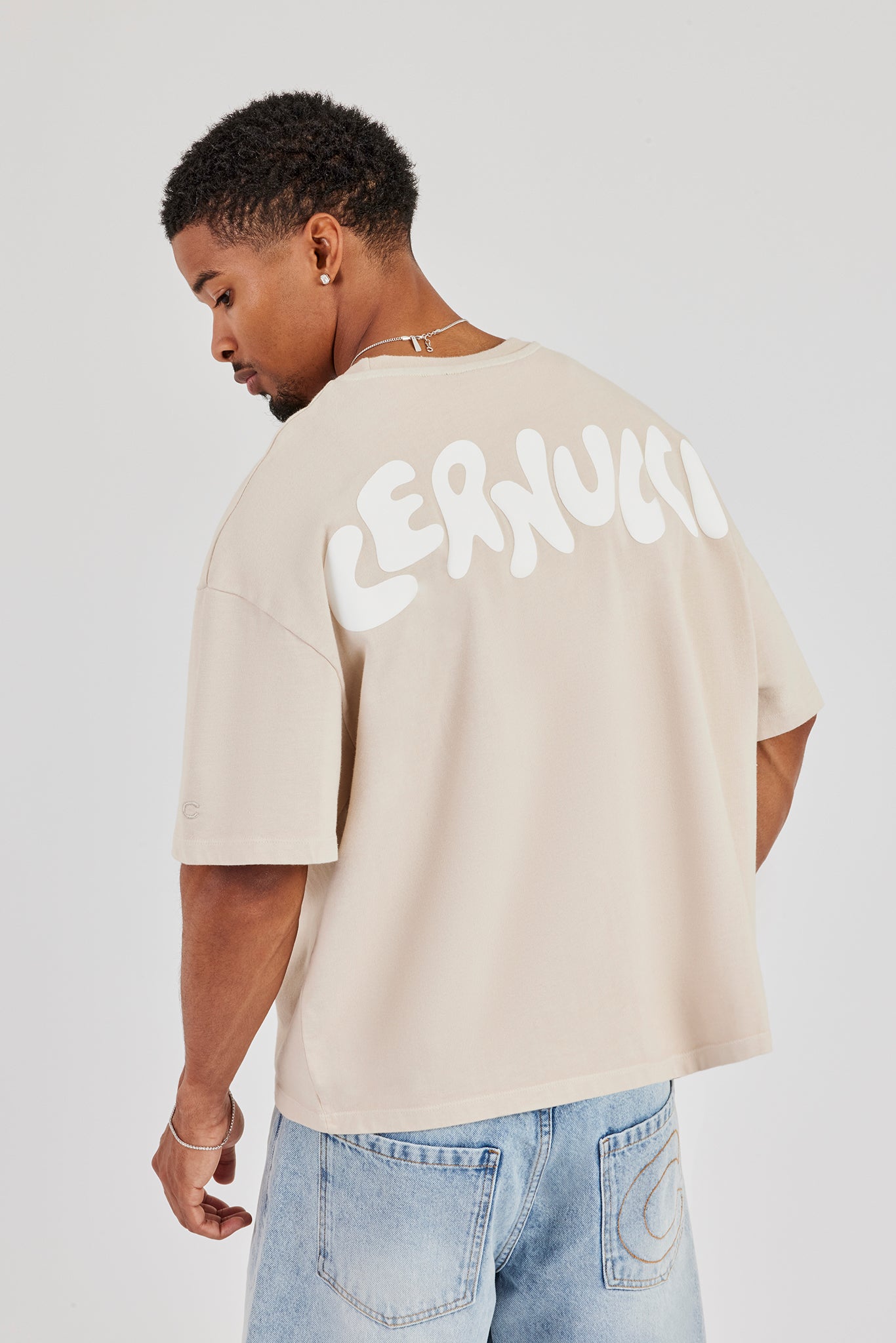 Boxy Logo Back Print T-Shirt - Taupe