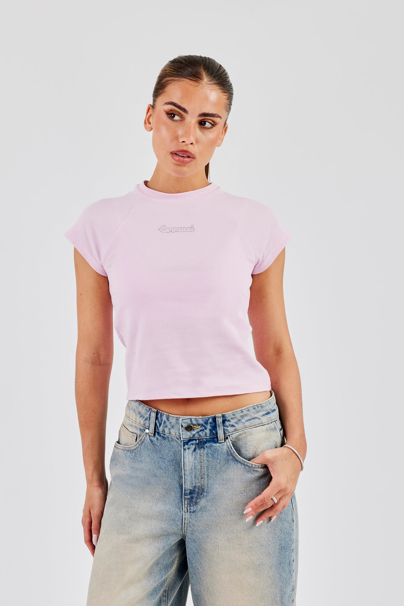Capped Sleeve Rhinestone Top - Pink