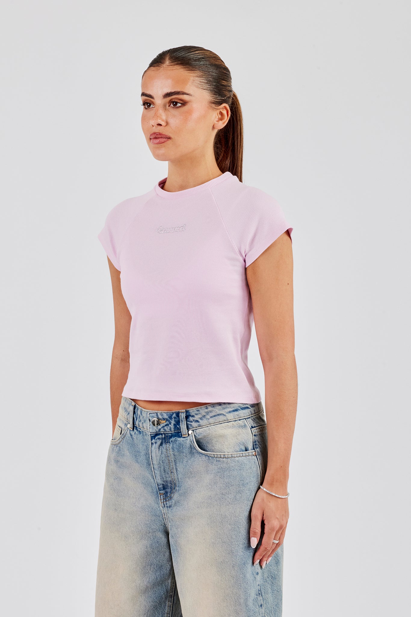 Capped Sleeve Rhinestone Top - Pink