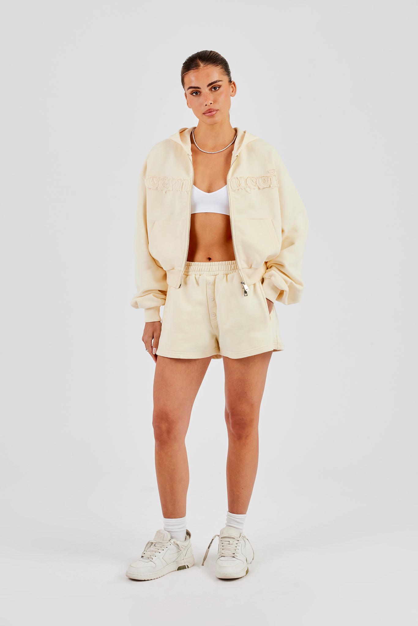 Boxy Cropped Applique Logo Zip Hoodie - Butter Yellow