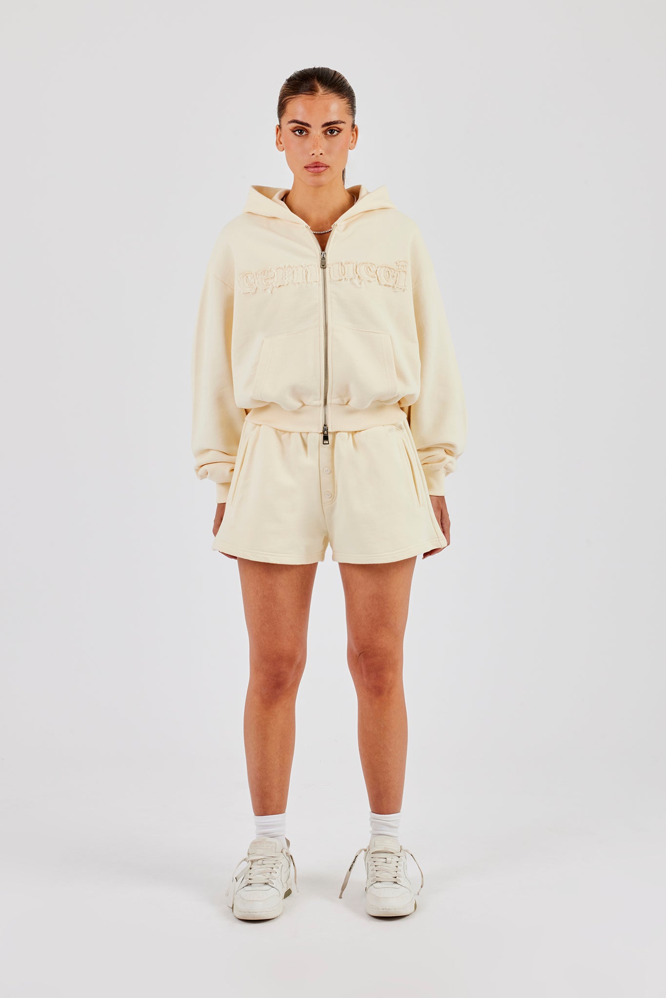 Boxy Cropped Applique Logo Zip Hoodie - Butter Yellow