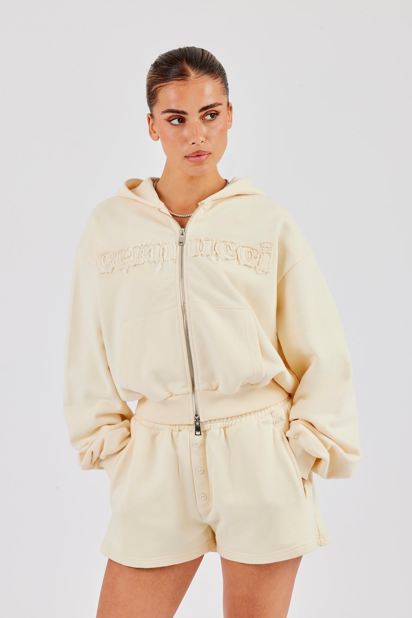 Boxy Cropped Applique Logo Zip Hoodie - Butter Yellow