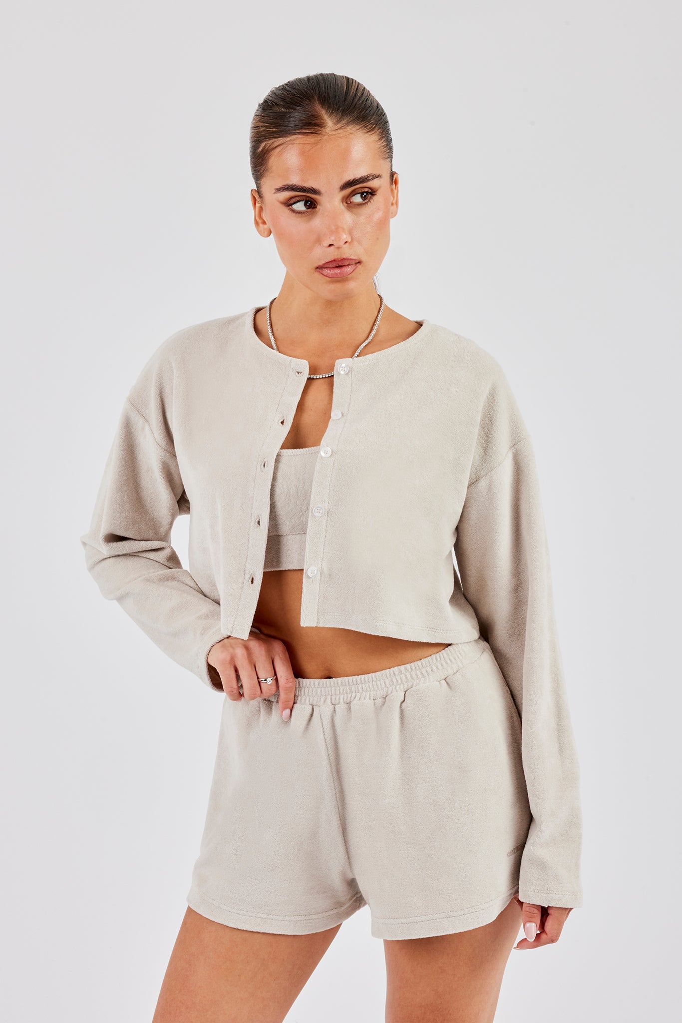 Terry Towelling Cardigan, Bralette & Short - Beige