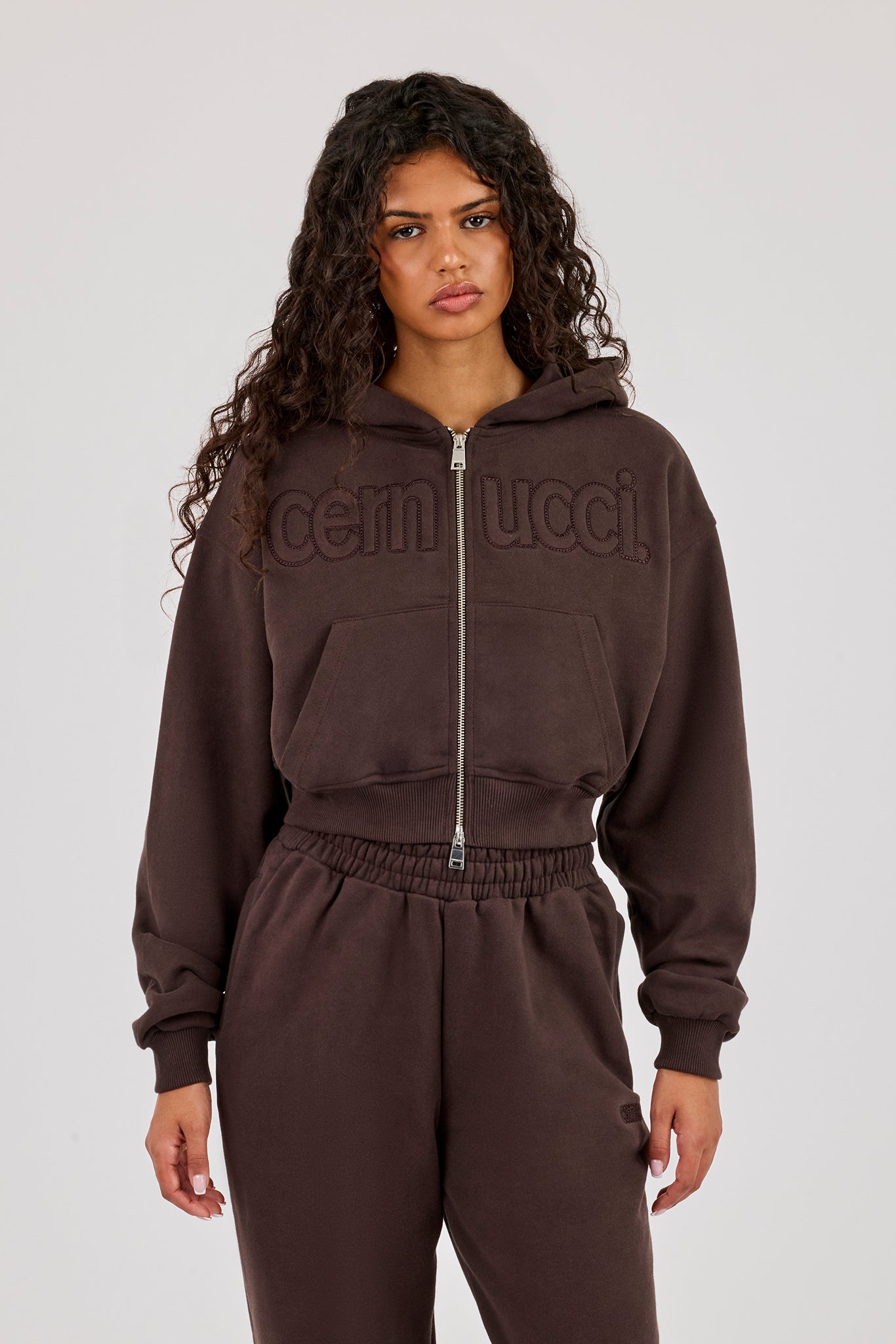 Cernucci Puff Applique Cropped Zip Hoodie - Chocolate