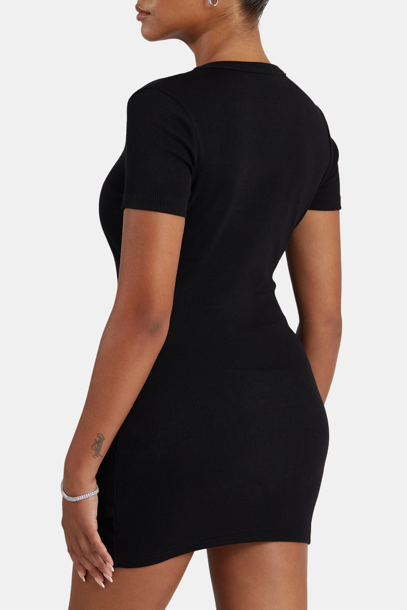 Embroidered Ribbed Short Sleeve Dress - Black Cernucci Embroidered Ribbed Short Sleeve Dress - Black Cernucci
