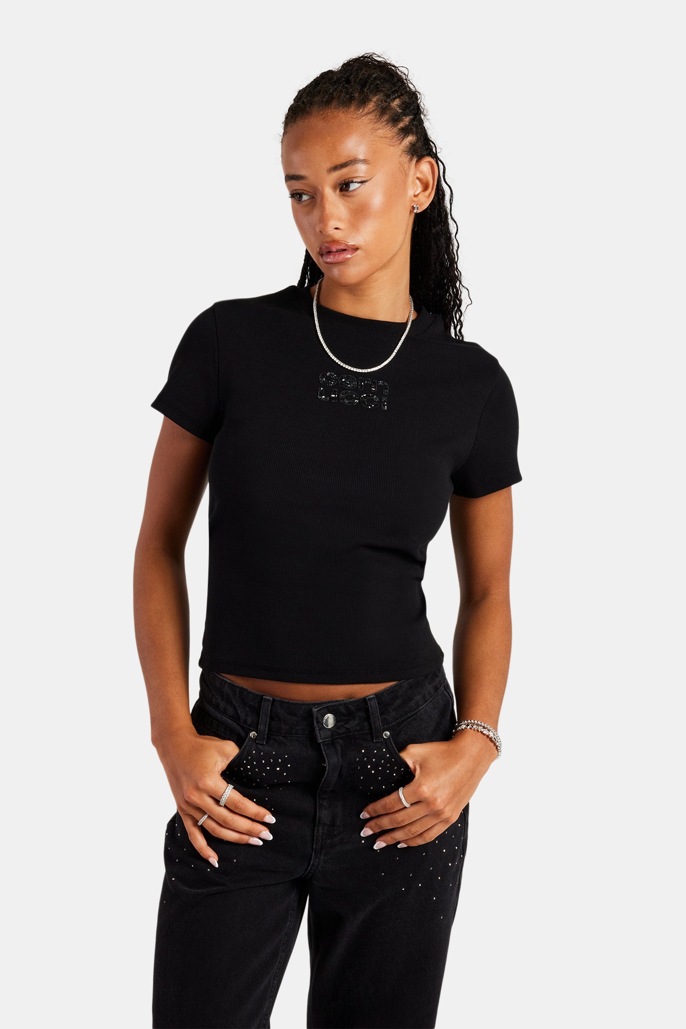 Rib Glitter Applique Baby Tee - Black | Womens Tees & Vests | Shop