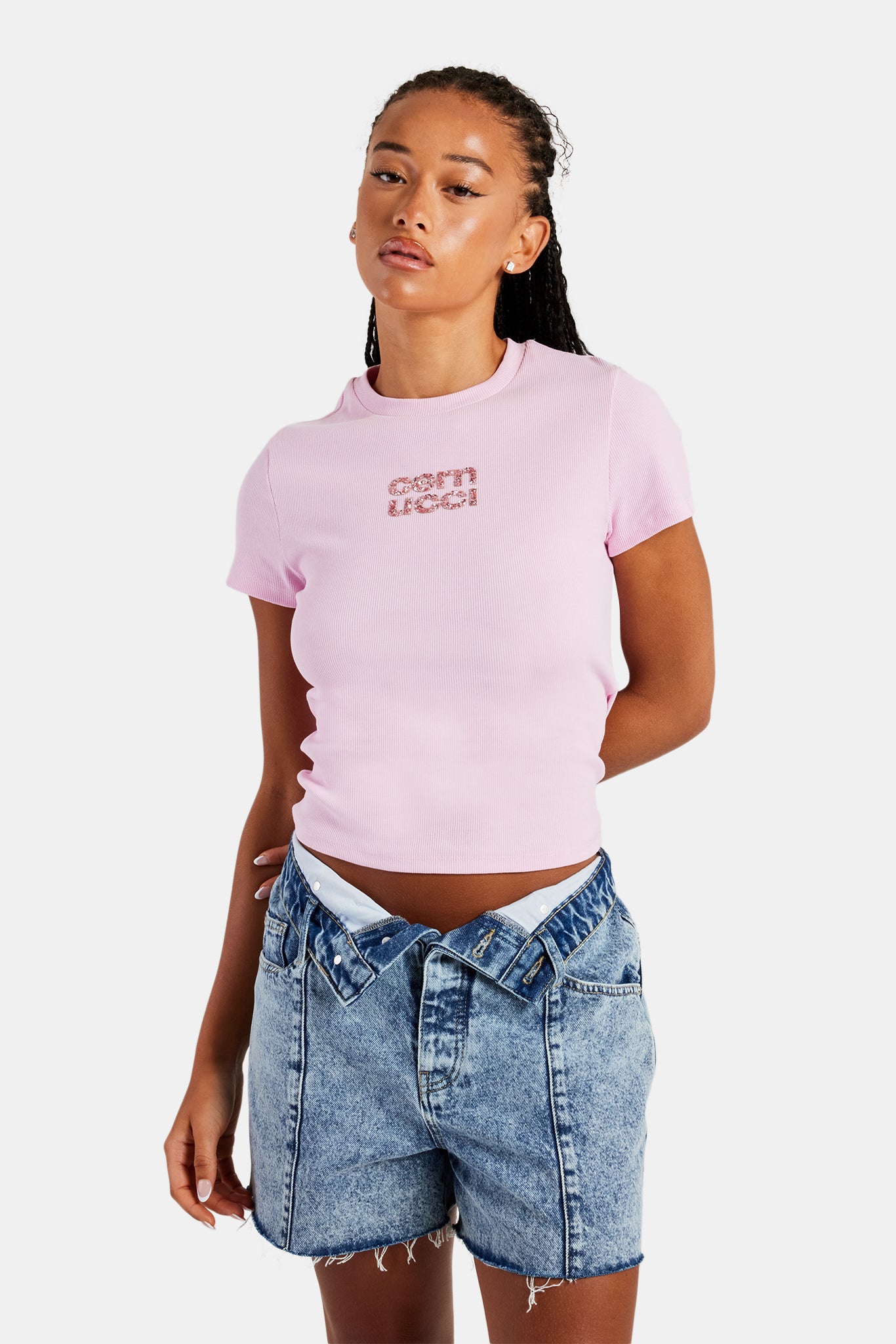 Rib Glitter Applique Baby Tee - Pink | Womens Tees & Vests | Shop