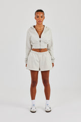 Rib Contrast Fitted Zip Hoodie & Embroidered Short - Ash Grey