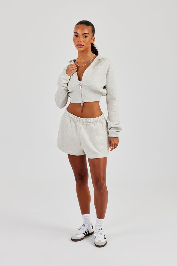 Rib Contrast Fitted Zip Hoodie & Embroidered Short - Ash Grey