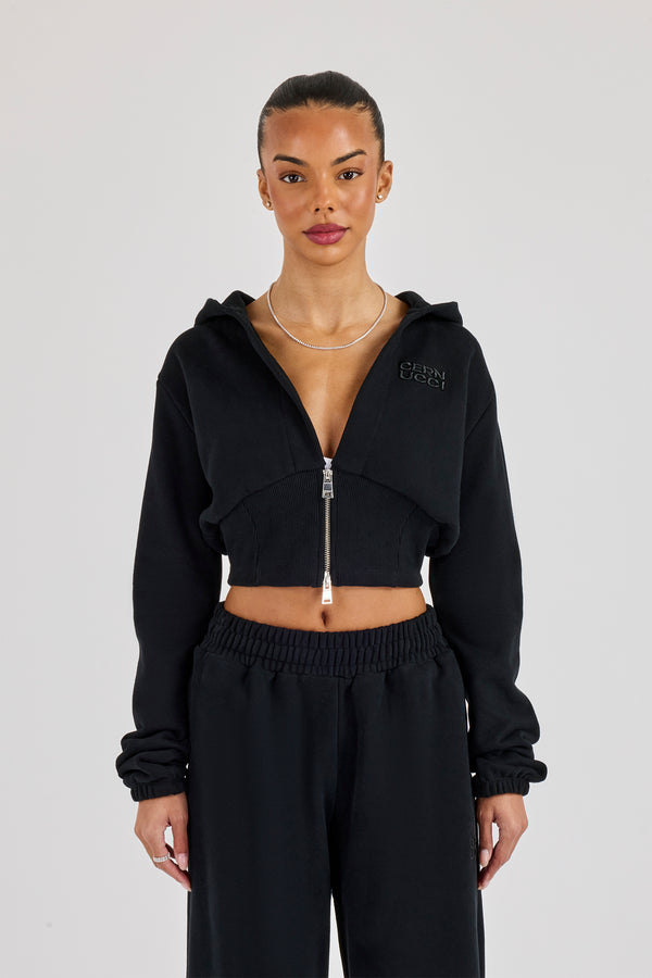 Rib Contrast Fitted Zip Hoodie - Black