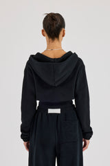 Gerippter Kapuzenpullover mit Kontrastnähten und Reißverschluss – Schwarz