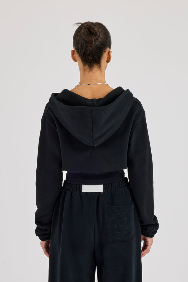 Rib Contrast Fitted Zip Hoodie - Black