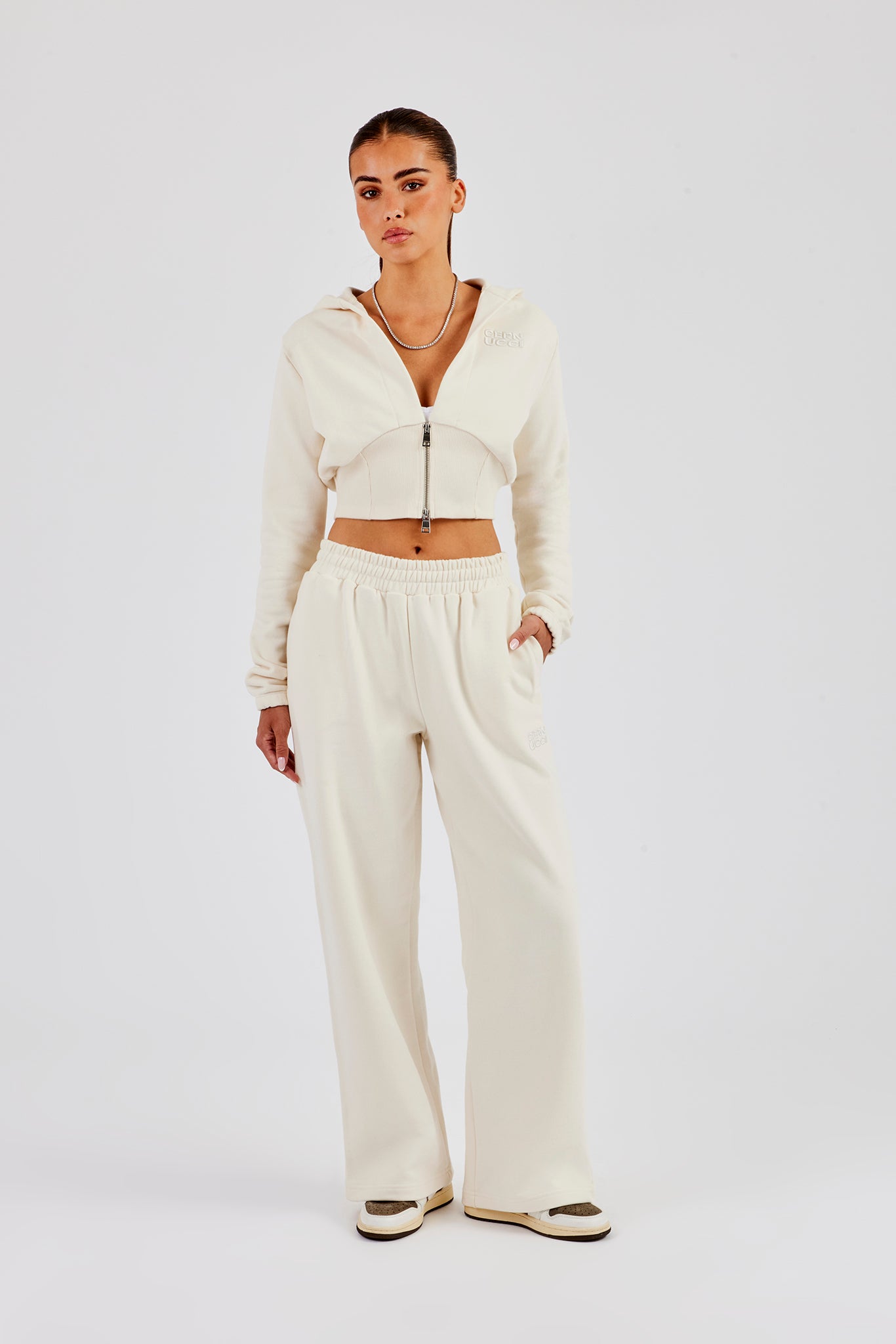 Rib Contrast Fitted Zip Hoodie - Off White