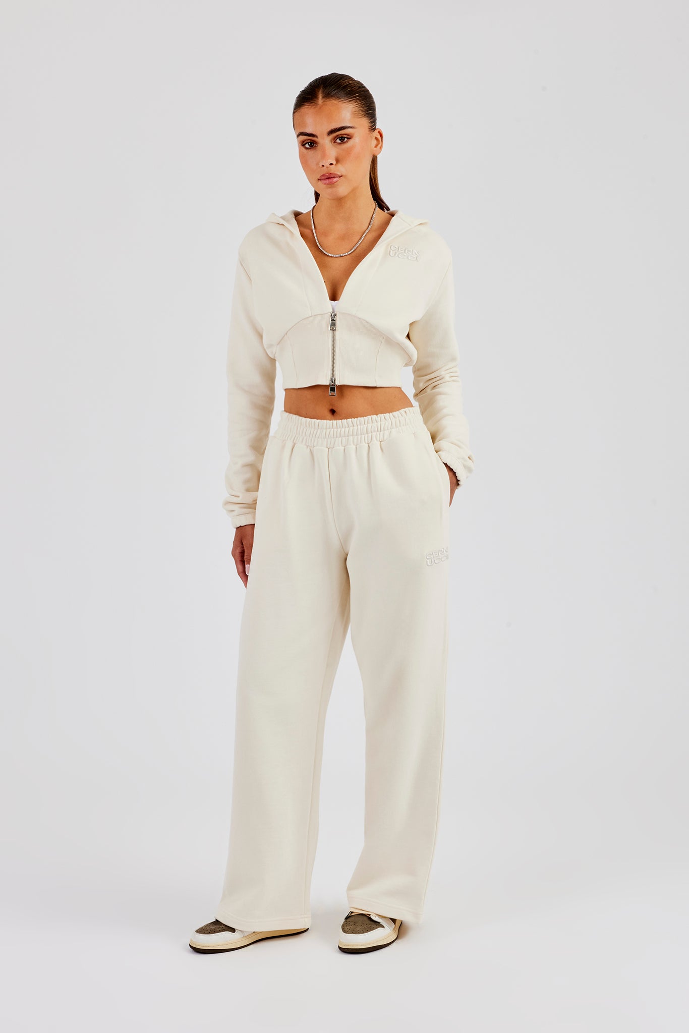 Rib Contrast Fitted Zip Hoodie & Wide Leg Jogger - Off White