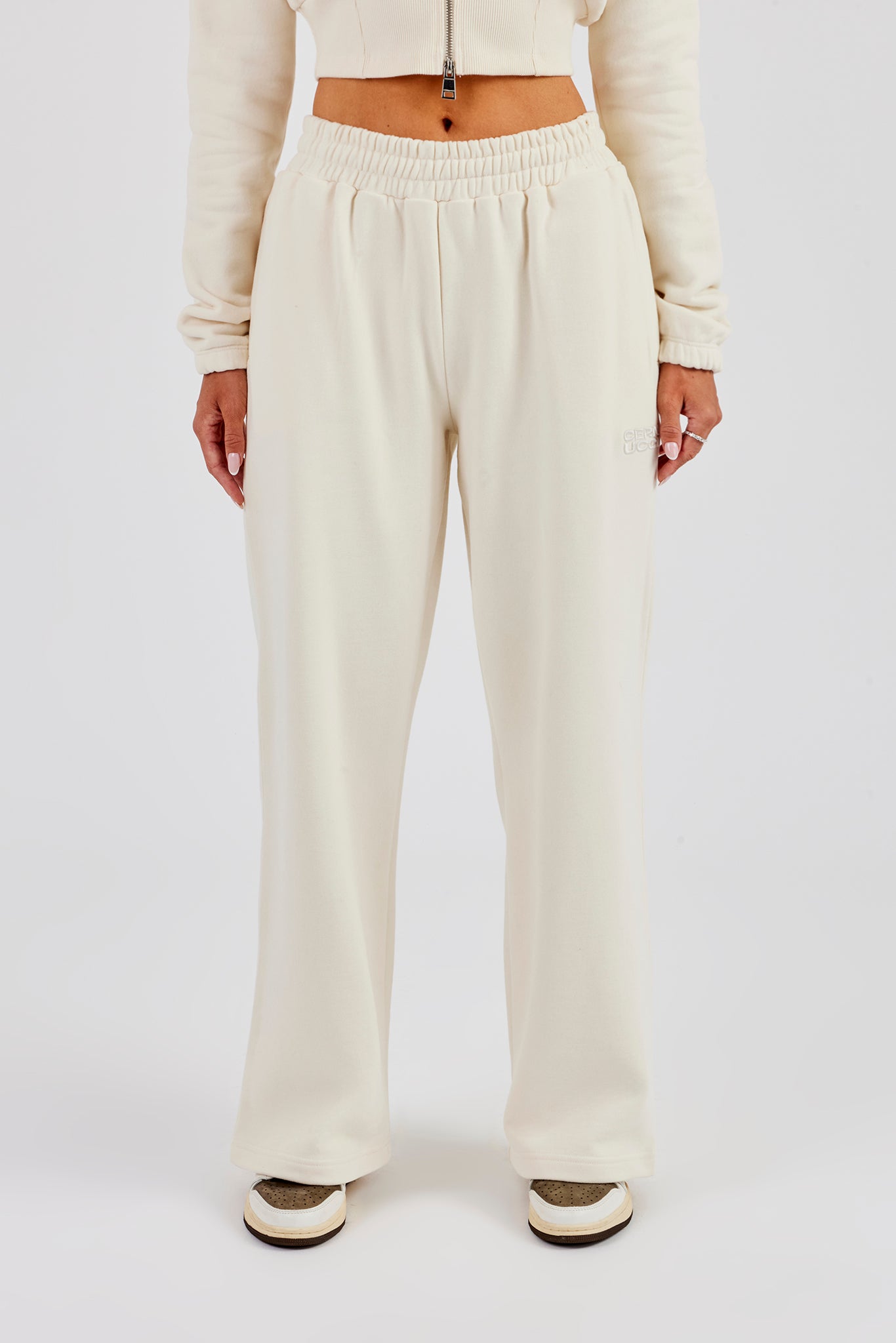 Embroidered Cernucci Wide Leg Jogger - Off White
