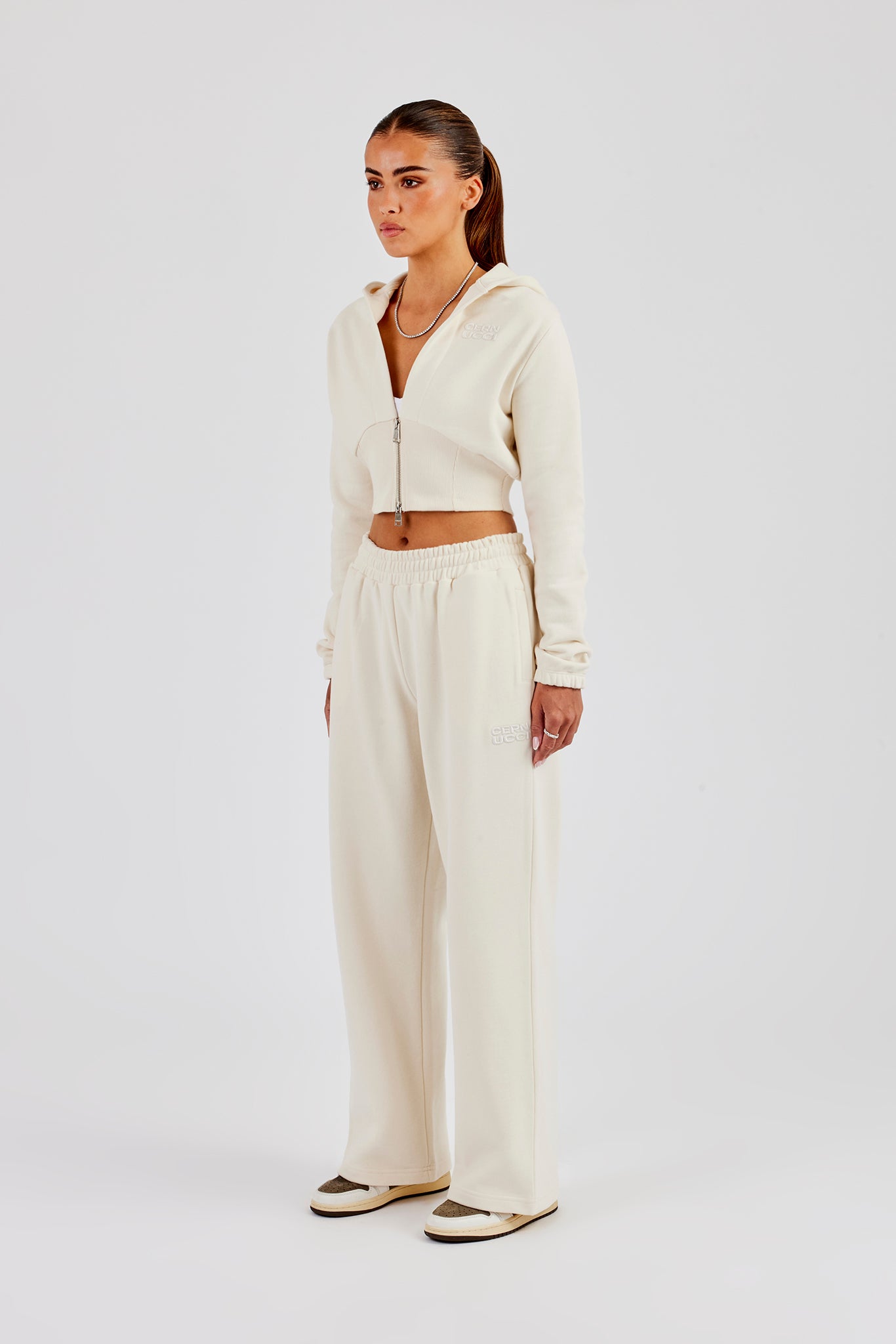 Rib Contrast Fitted Zip Hoodie & Wide Leg Jogger - Off White