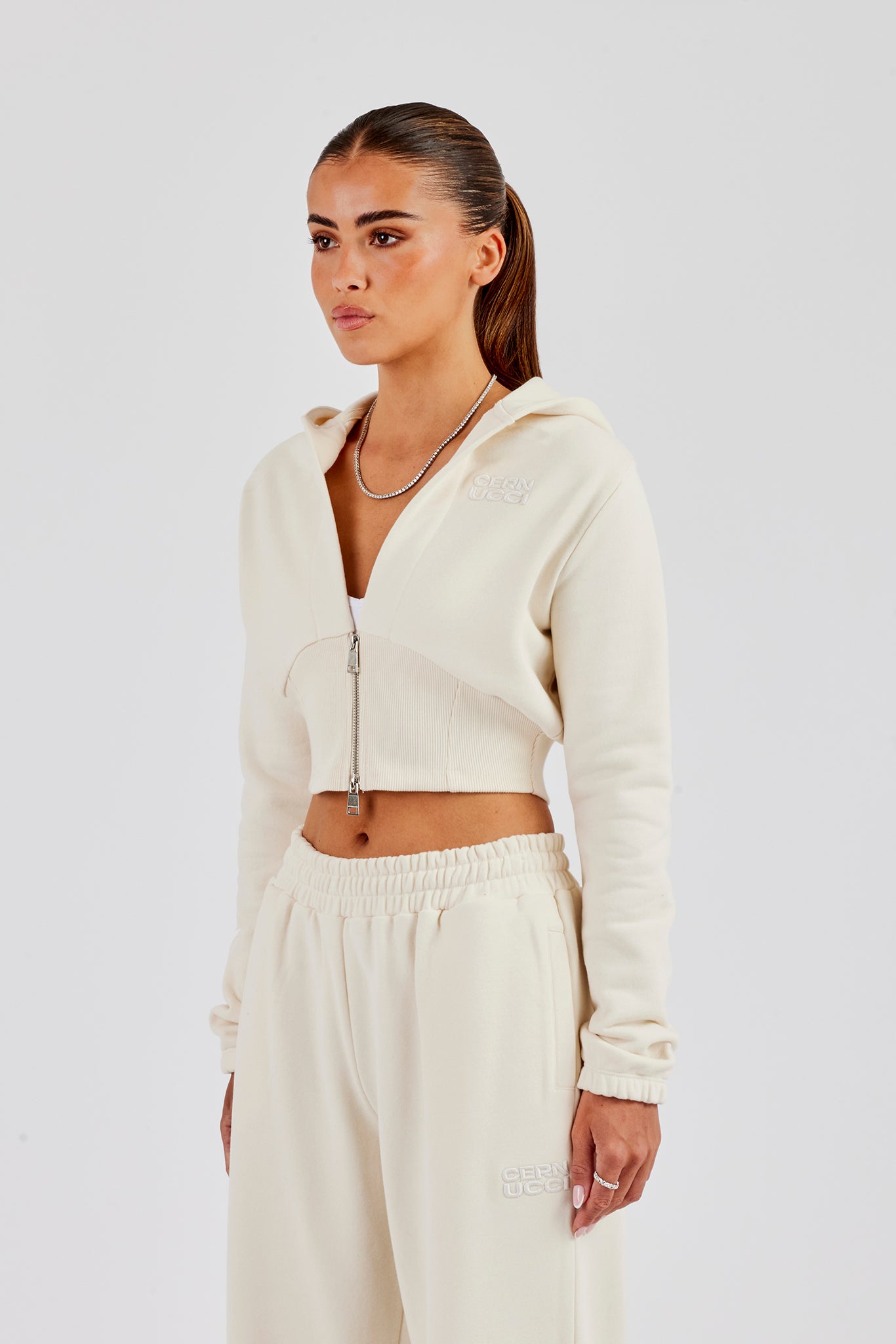 Rib Contrast Fitted Zip Hoodie - Off White