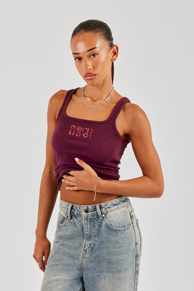 Rib Glitter Applique Vest - Burgundy
