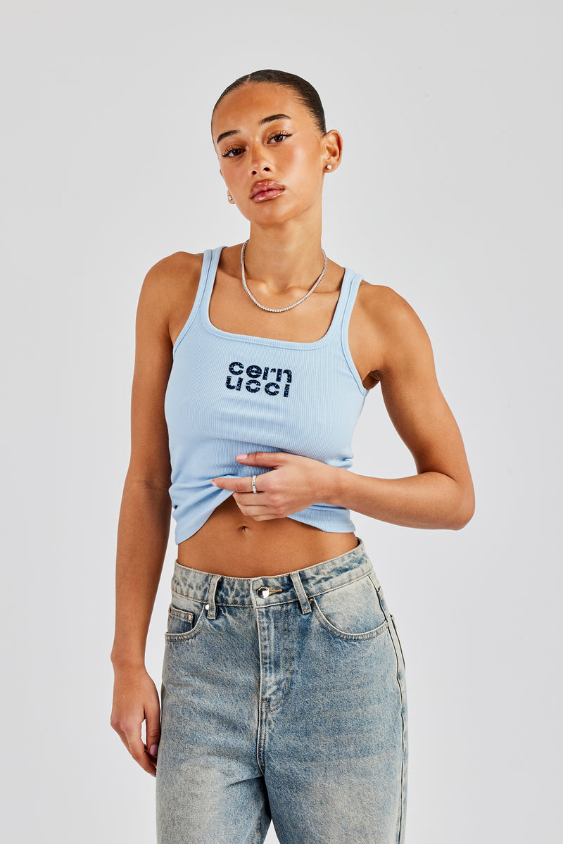 Rib Glitter Applique Vest Top - Baby Blue