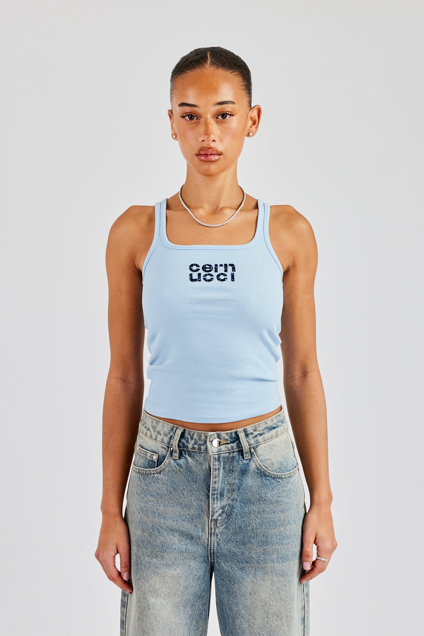 Rib Glitter Applique Vest Top - Baby Blue