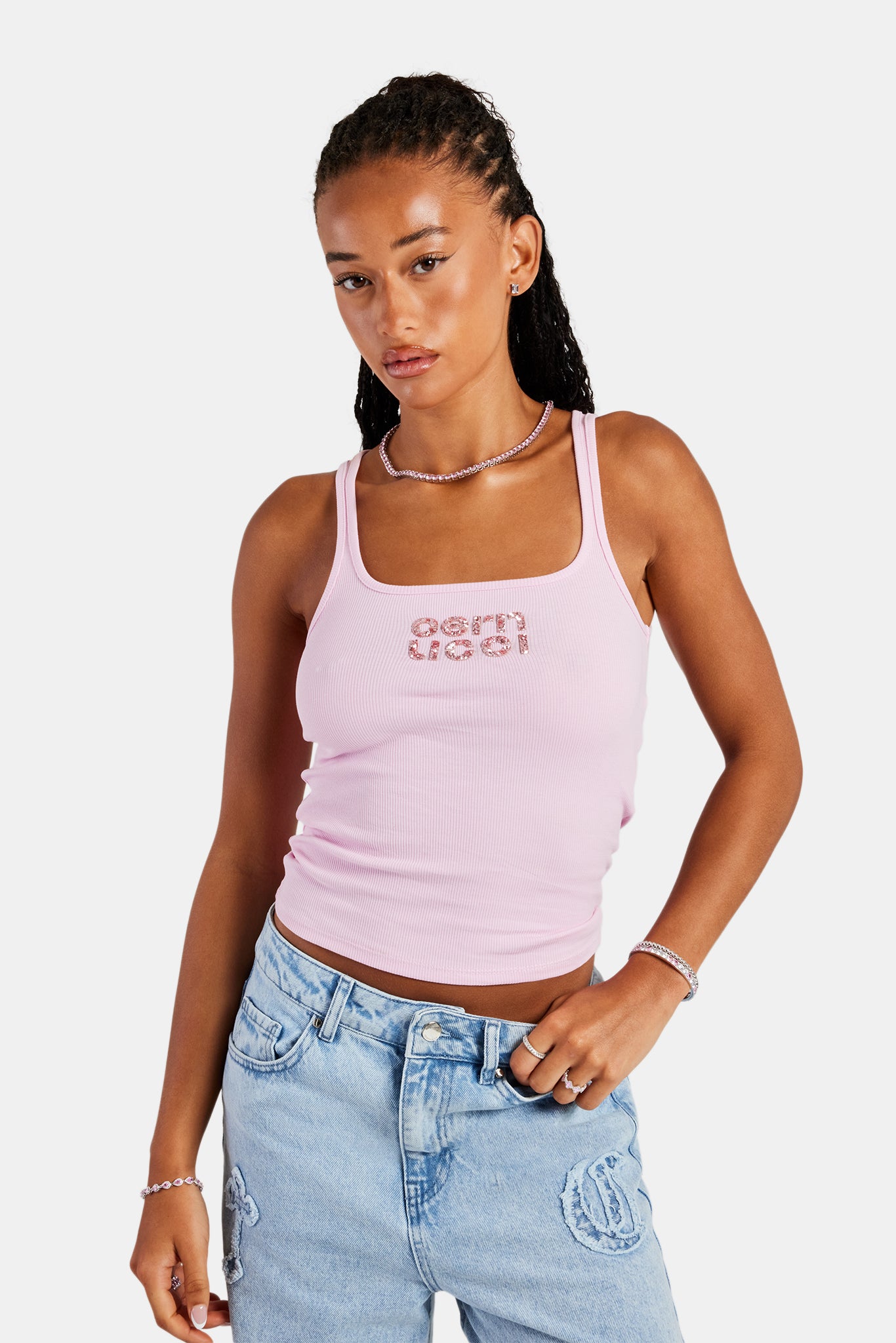 Rib Glitter Applique Vest Top - Pink | Womens Tees & Vests | Shop Vests ...