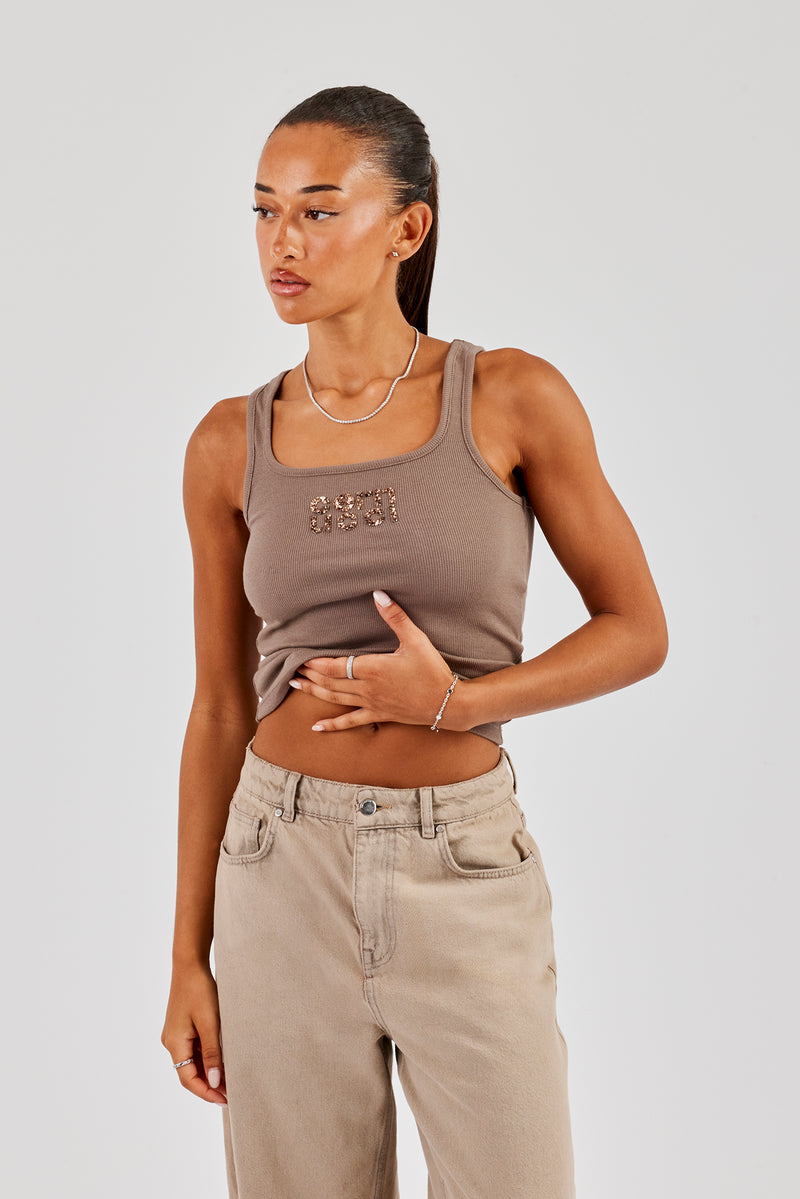 Gerippte Weste mit Glitzerapplikation - Taupe