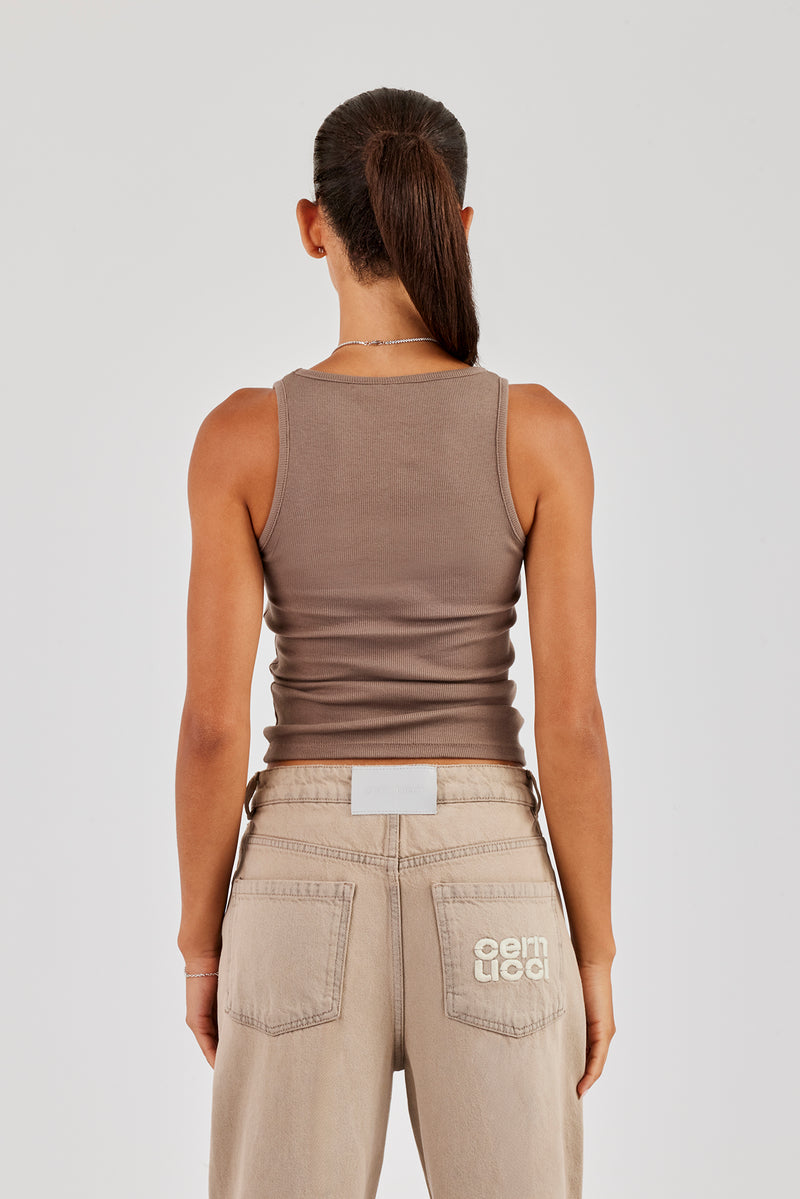 Gerippte Weste mit Glitzerapplikation - Taupe