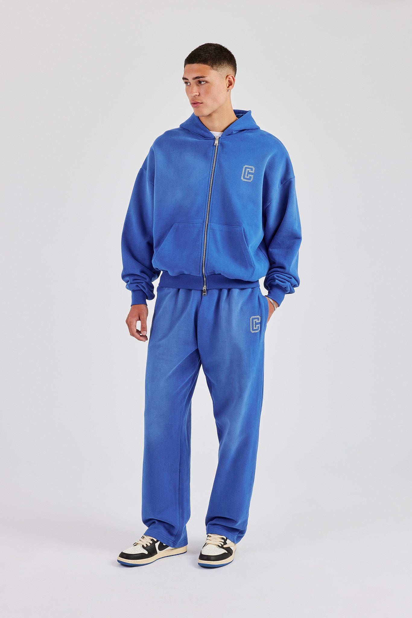 Washed Rhinestone C Zip Through Hoodie & Wide Leg Jogger - Washed Blue