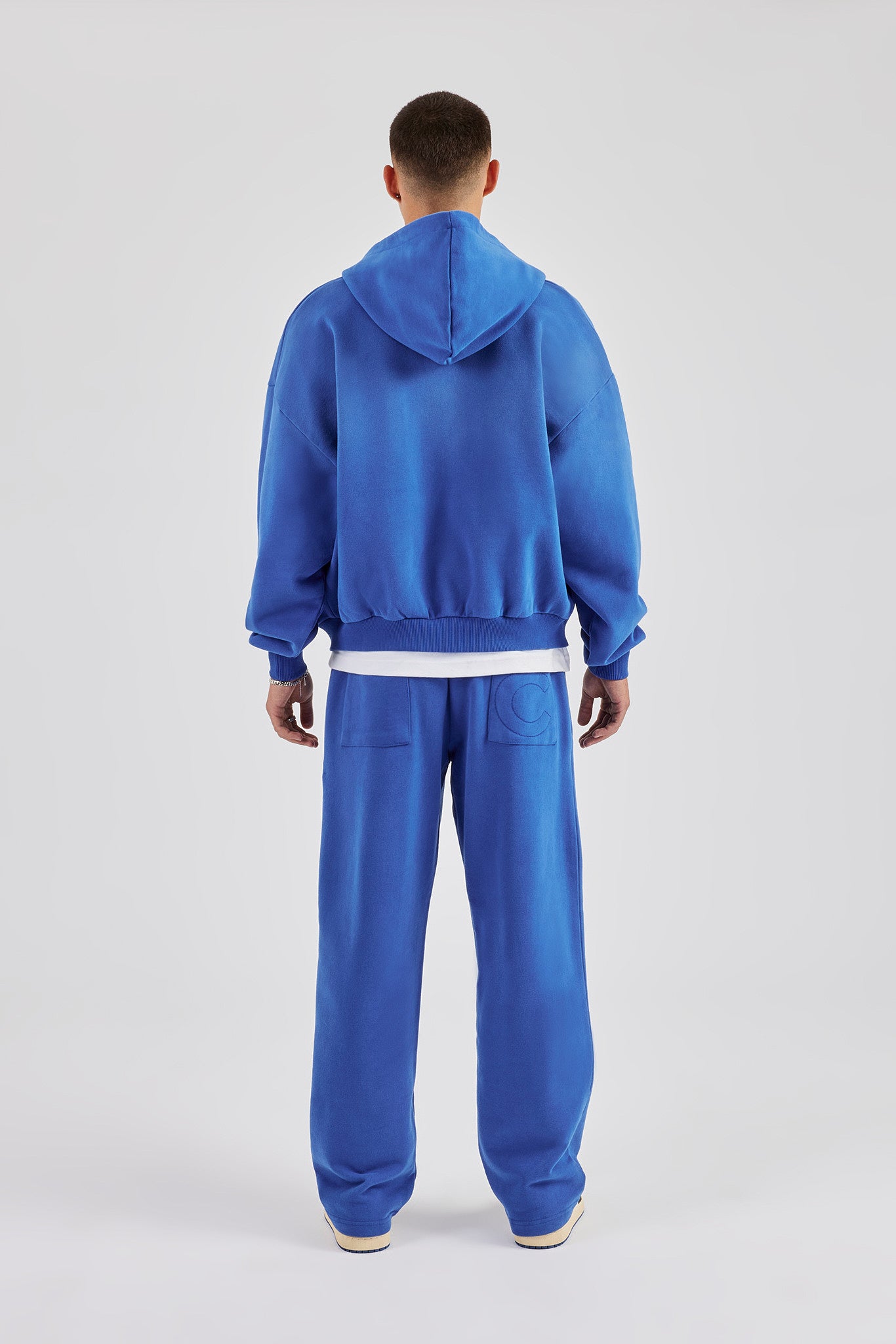 Washed Rhinestone C Zip Through Hoodie & Wide Leg Jogger - Washed Blue