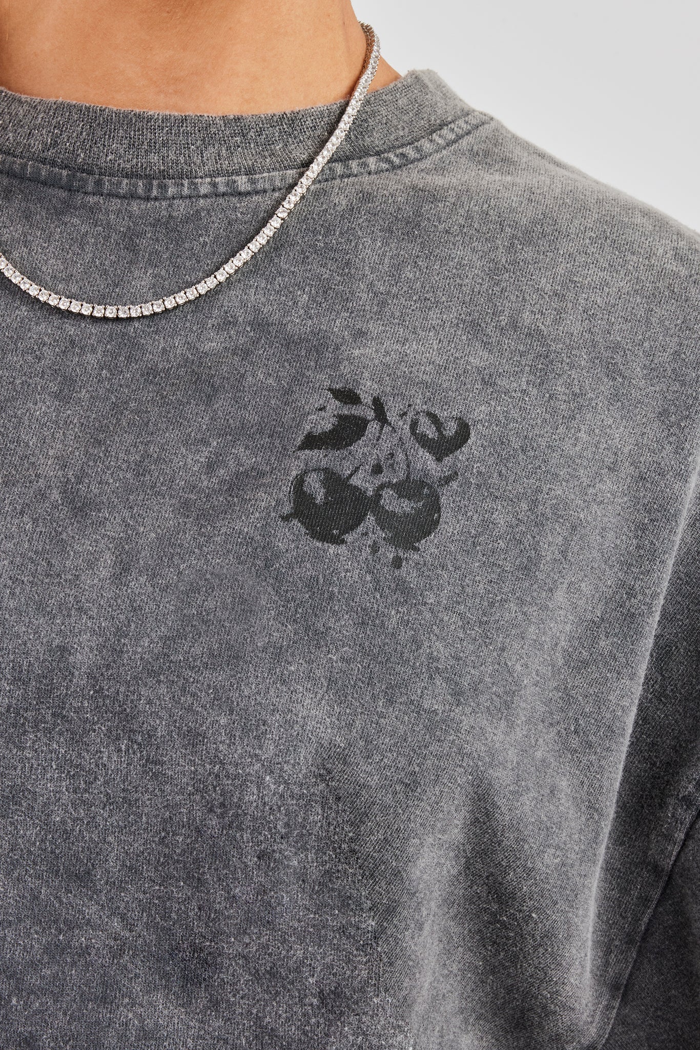 Oversized Washed Cherry Baby Rhinestone T-Shirt - Light Grey