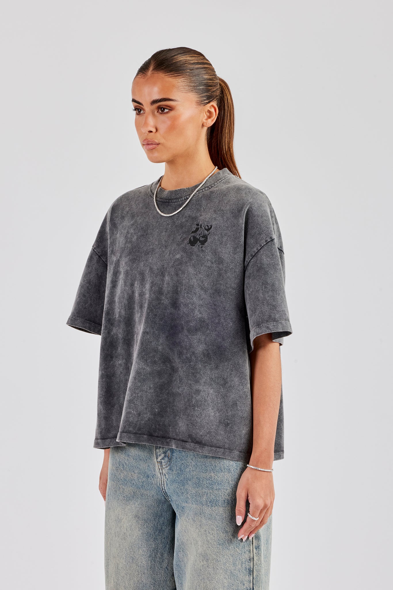 Oversized Washed Cherry Baby Rhinestone T-Shirt - Light Grey