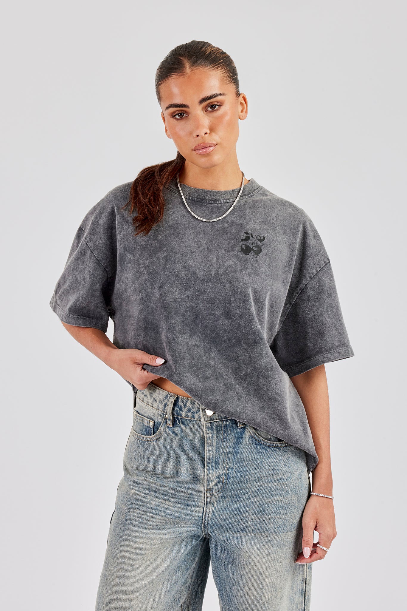 Oversized Washed Cherry Baby Rhinestone T-Shirt - Light Grey