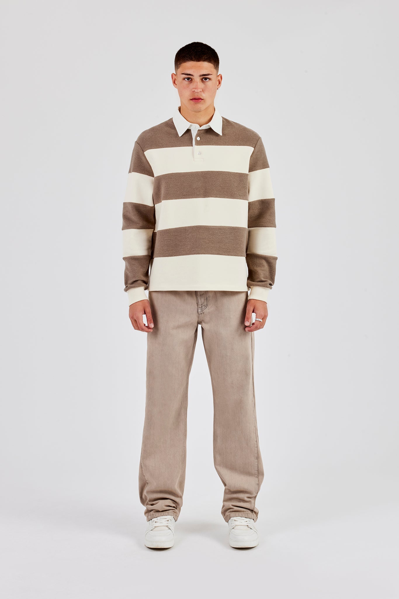Textured Stripe Rugby Polo Top - Stone