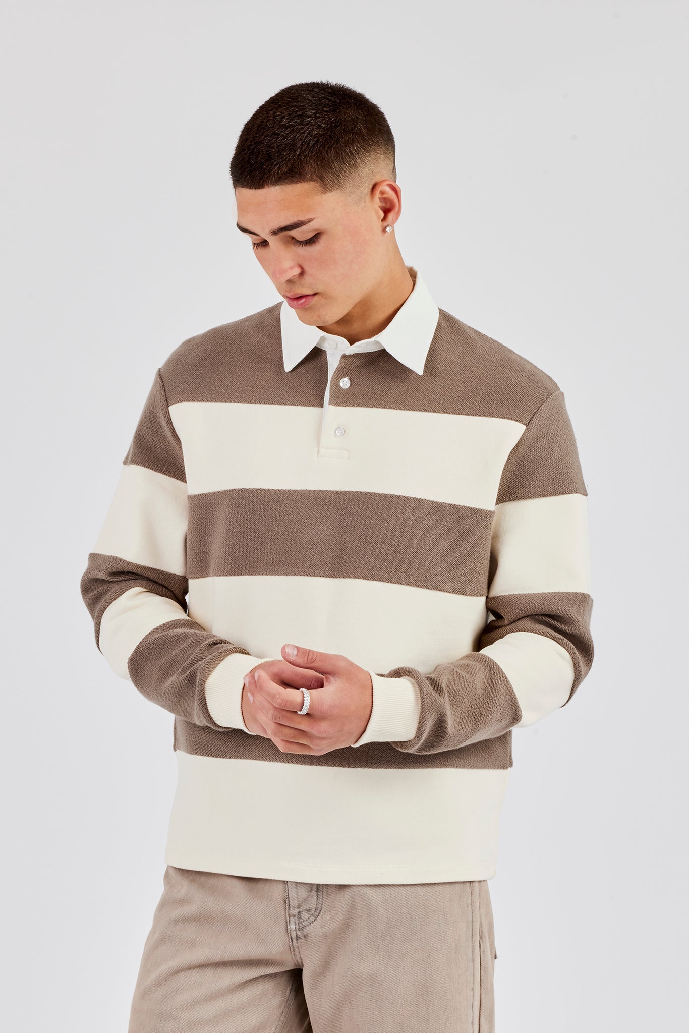 Textured Stripe Rugby Polo Top - Stone