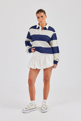 Womens Striped Rugby Polo Top - Navy Blue