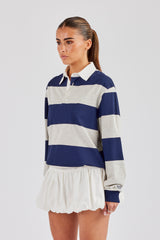 Womens Striped Rugby Polo Top - Navy Blue