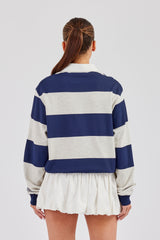 Womens Striped Rugby Polo Top - Navy Blue