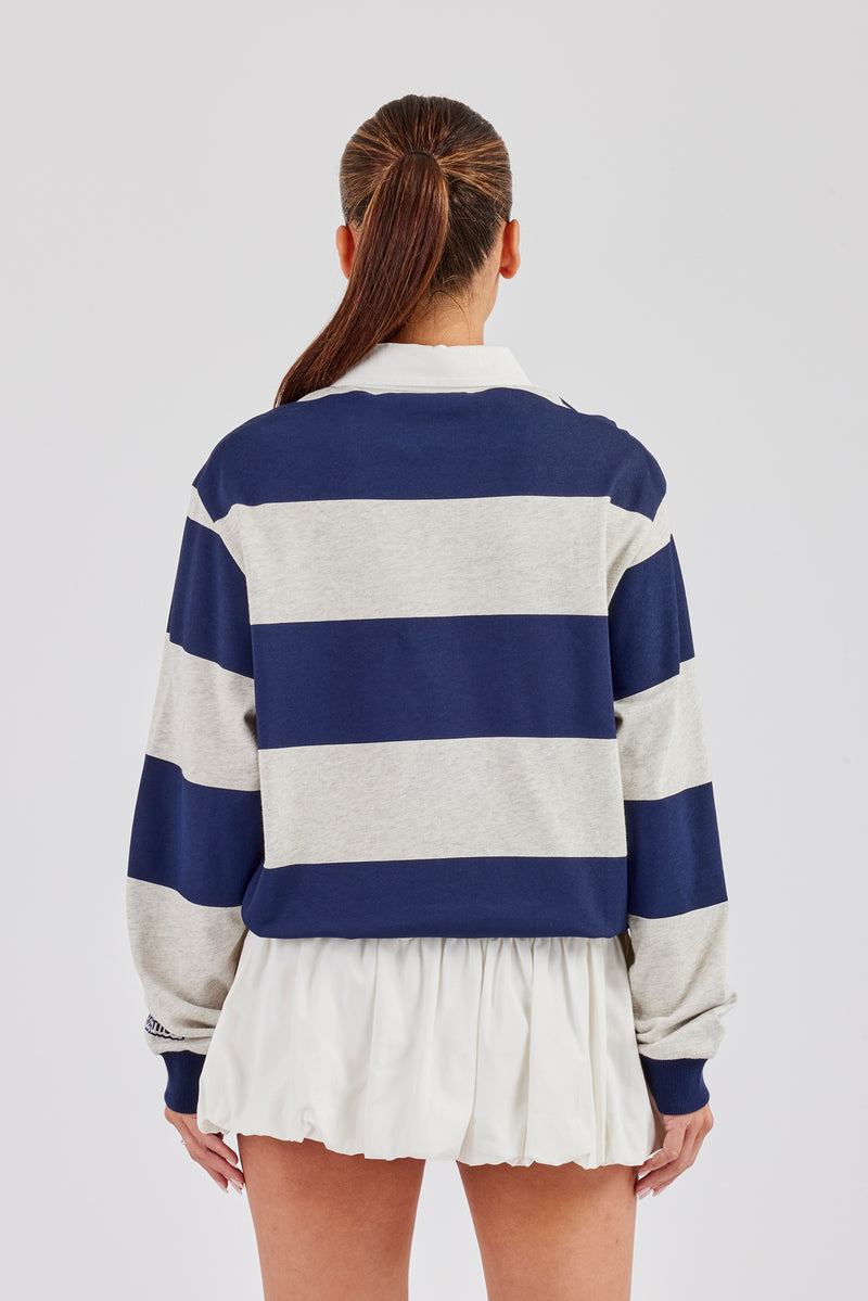 Womens Striped Rugby Polo Top - Navy Blue