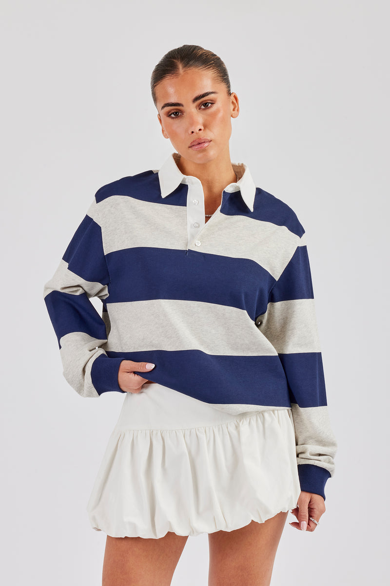 Womens Striped Rugby Polo Top - Navy Blue
