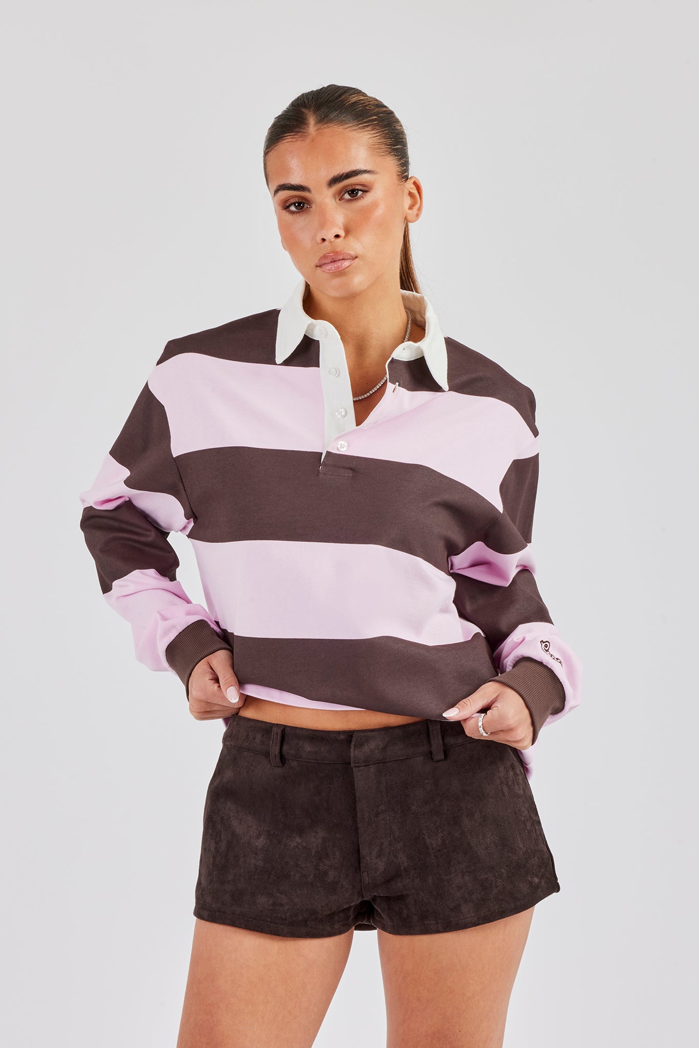 Womens Striped Rugby Polo Top - Pink